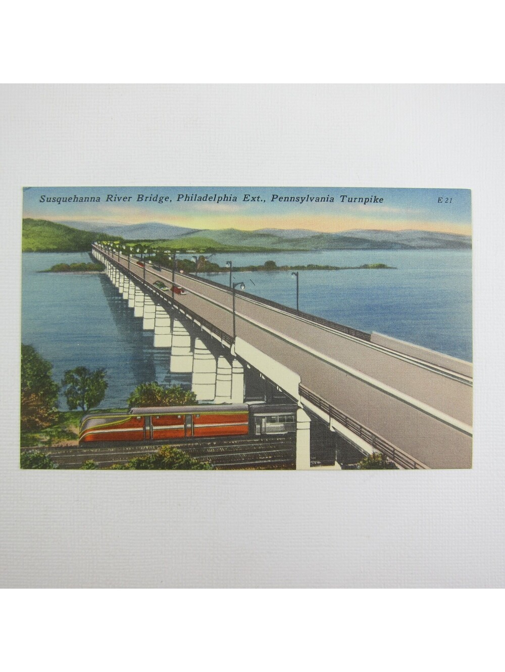 Linen Postcard Train Susquehanna River Bridge Philadelphia Pennsylvania Turnpike